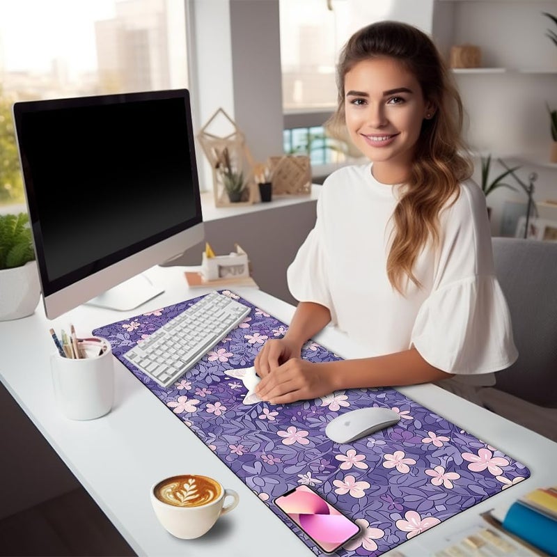 LIMKRIAN Cat Purple Mouse Pad Large Desk Mat, Kawaii Purple Computer Mousepad with Stitched Edges Non-Slip, Keyboard Mouse Pad for Desktop Cute Office Supplies Desk Decor Accessories 31.5x11.8 in - Image 2