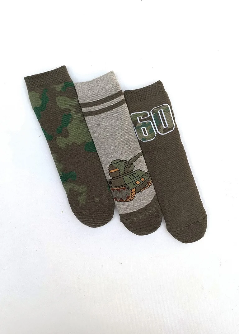 Mem Socks Memsocks 3-pack Camouflage-Tank Patterned Anti-Slip Towel Children's Socks