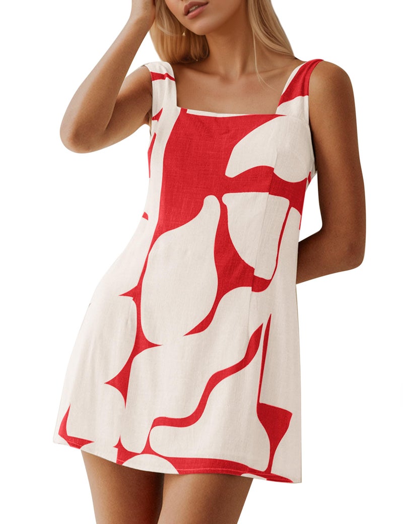 MISSACTIVER Women Sleeveless Linen Mini Dress Print Backless Square Neck Tank Dress Boho Vacation Sundress Shift Dresses Red - Image 1