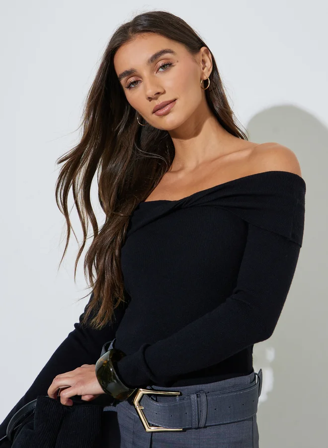 Styli Black Plain Off Shoulder Knit Top with Twist Detail