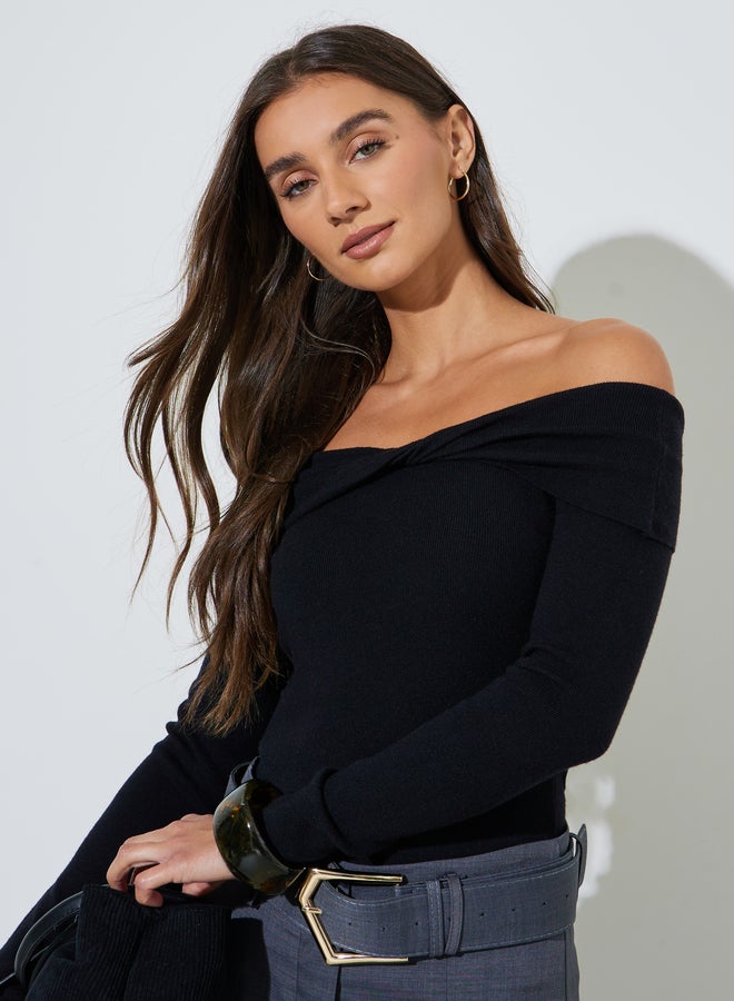 Styli Black Plain Off Shoulder Knit Top with Twist Detail - Image 1