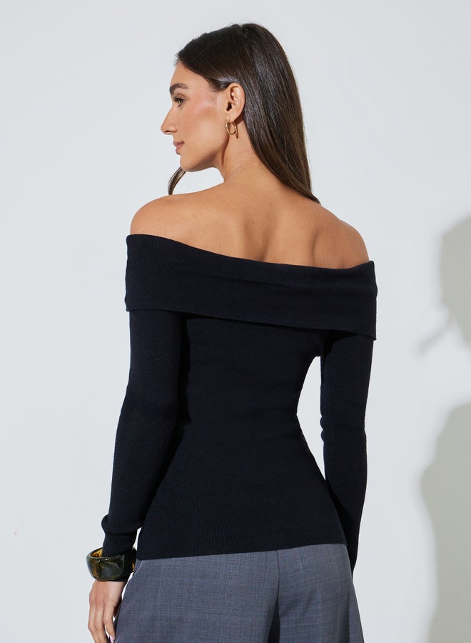 Styli Black Plain Off Shoulder Knit Top with Twist Detail - Image 4