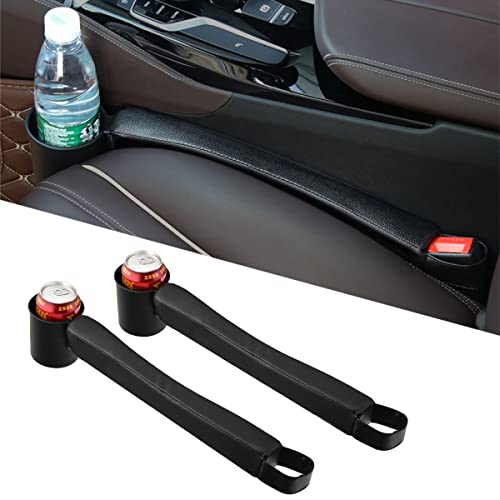 Tumecos Car Seat Gap Filler Pad PU Leather Console Side Pocket Organizer with One Cup Holder for Cellphone Wallet Coin Key 2 Pcs (Black+Black Surface) - Image 1