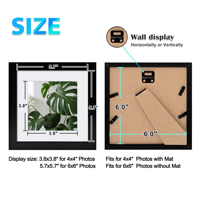 Egofine Egofine 6x6 Picture Frames Set of 4  Made of Solid Wood Covered by Plexiglass Display 4x4 with Mat or 6x6 without Mat  for Table Top Display and Wall Mounting Photo Frame  Black  - Image 3