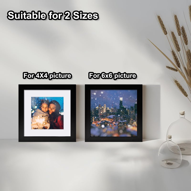 Egofine Egofine 6x6 Picture Frames Set of 4  Made of Solid Wood Covered by Plexiglass Display 4x4 with Mat or 6x6 without Mat  for Table Top Display and Wall Mounting Photo Frame  Black  - Image 4