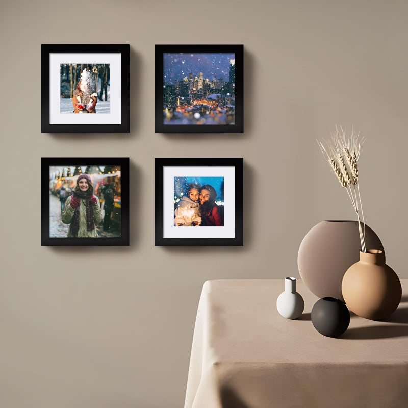 Egofine Egofine 6x6 Picture Frames Set of 4  Made of Solid Wood Covered by Plexiglass Display 4x4 with Mat or 6x6 without Mat  for Table Top Display and Wall Mounting Photo Frame  Black  - Image 5