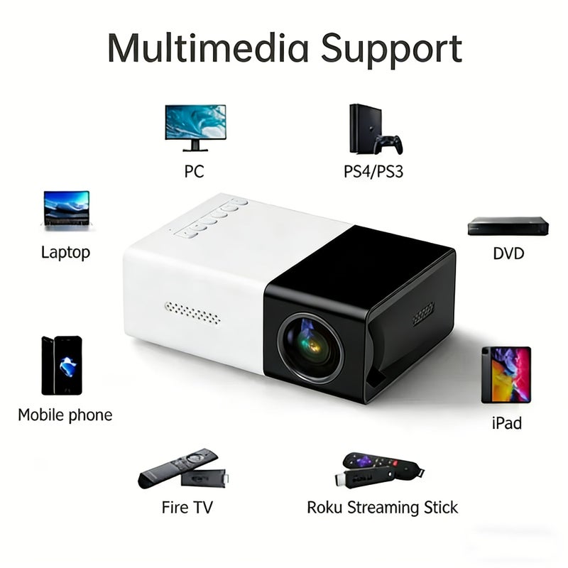 Black And White 1080P Portable Projector with Remote Control USB Home Theater - Image 3