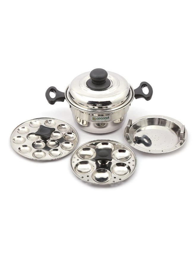 Coconut Stainless Steel Idly Steamer/Idly Pot - one plate 6 idly, one plate 15 mini idly and 2 Steamer - Image 1