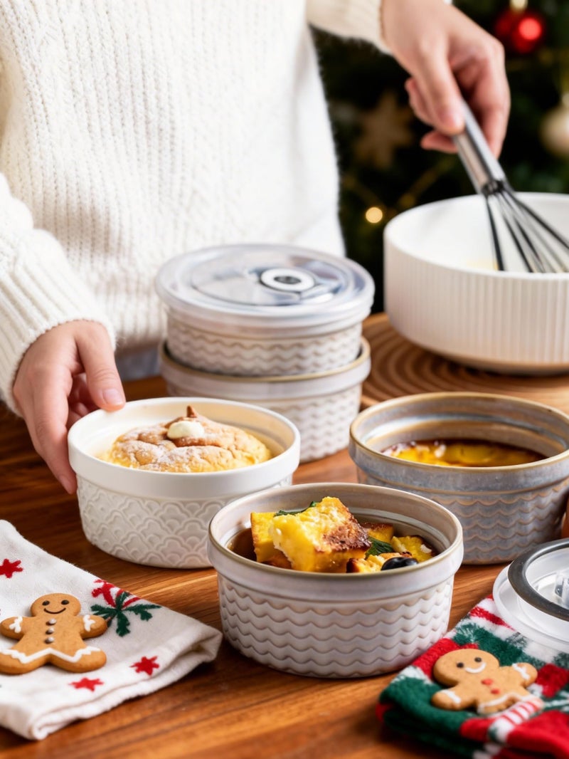 MISSYSSIM Ceramic Small Baking Dishes for Oven, 12oz Meal Prep Containers Charcuterie Bowls with Lids, Creme Brulee Ramekins Set, Pudding Custard Cups Fruit Souffle Bowls Set of 4, Grey Ripple - Image 2