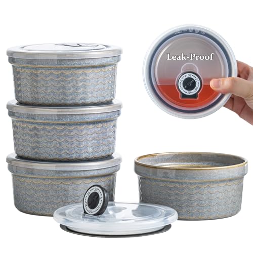MISSYSSIM Ceramic Small Baking Dishes for Oven, 12oz Meal Prep Containers Charcuterie Bowls with Lids, Creme Brulee Ramekins Set, Pudding Custard Cups Fruit Souffle Bowls Set of 4, Grey Ripple - Image 1