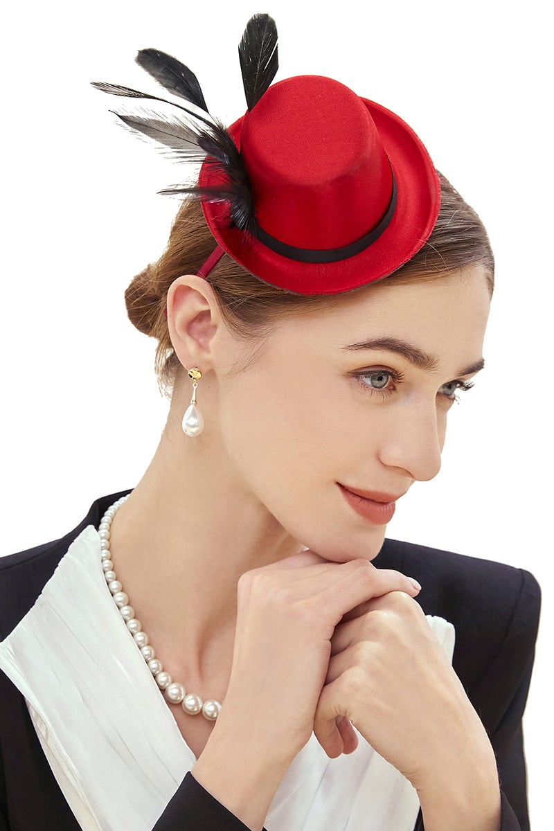 BABEYOND Mini Top Hat Fascinator Headband Feather Top Hat for Derby Tea Party - Image 1