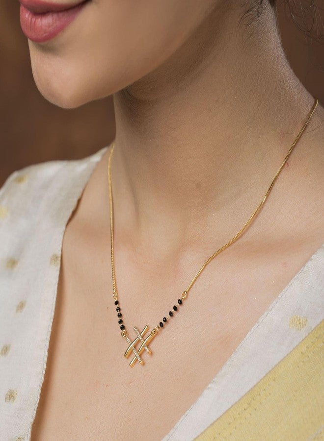 AAIKU Traditional Gold-Plated Black Beads Chain and American diamond Crystal Pendant Short Mangalsutra 18 Inch Wedding, Anniversari, Special Occasion for Women - Image 2