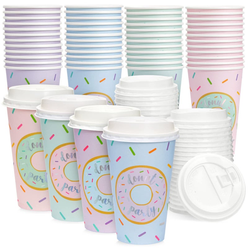 BLUE PANDA 48 Pack Disposable 16oz Coffee Cups with Lids  Donut Party Supplies  Paper To Go Cup for Themed Birthday Party Wedding Baby Shower