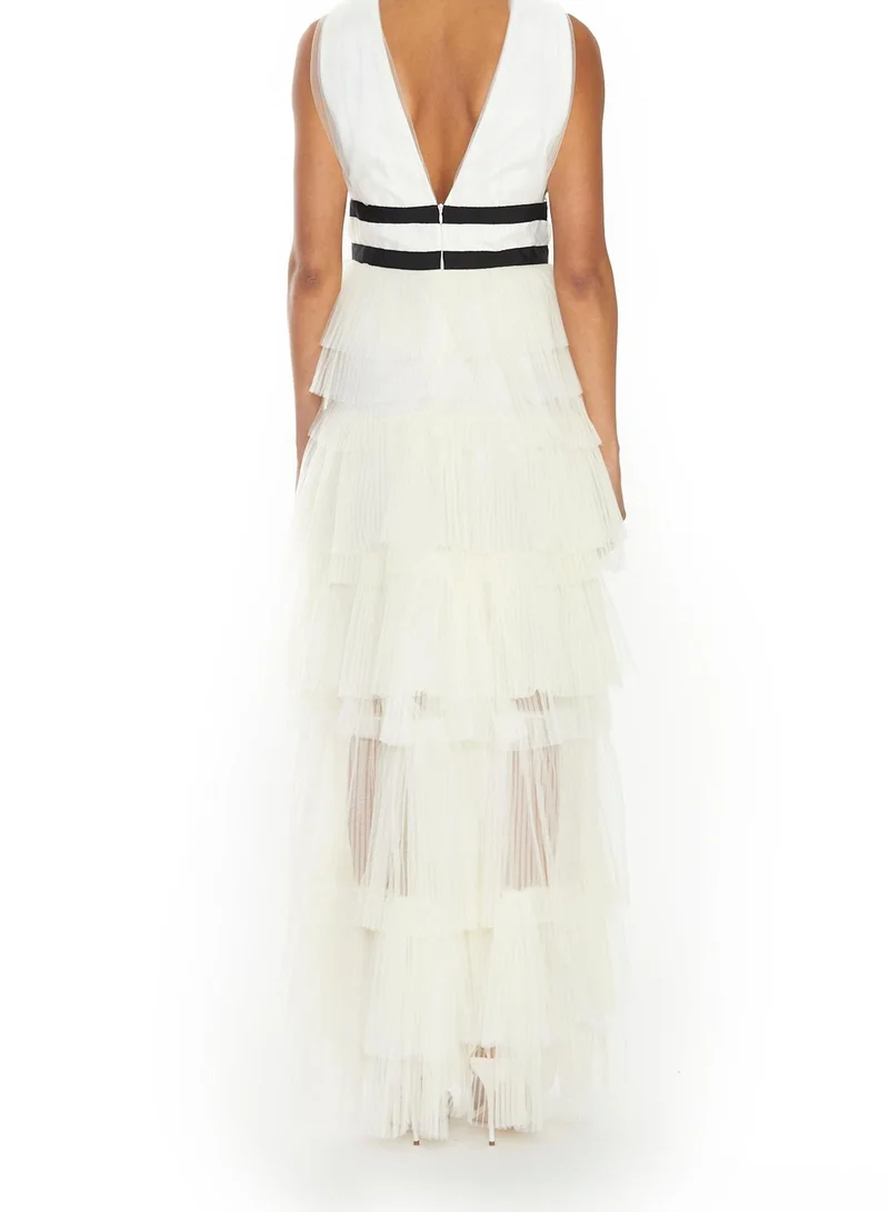 ترو ديكادينس Eliza Cream Plunging Neck Layered Tulle Skirt Maxi-Dress