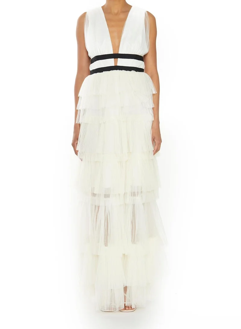 ترو ديكادينس Eliza Cream Plunging Neck Layered Tulle Skirt Maxi-Dress