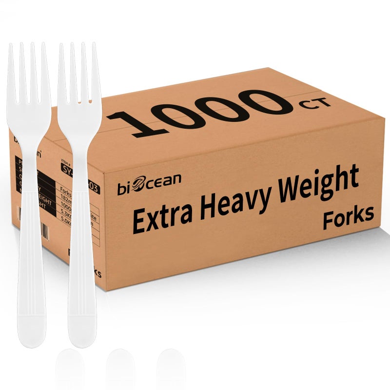Biocean Plastic Forks 1000 Count Extra Heavy Duty Disposable Fork Bulk Plastic Forks White Silverware Reusable Disposable Cutlery for Home Restaurant Party Picnic