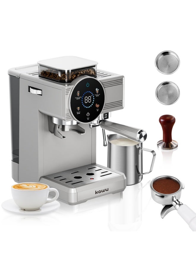 Kawu 20Bar Semi-Automatic Espresso Machine, Coffee Maker with Grinder, Includes Milk Frother/Milk Frothing Wand/Tamper, Cold Brew Function, Removable Water Tank - Image 1