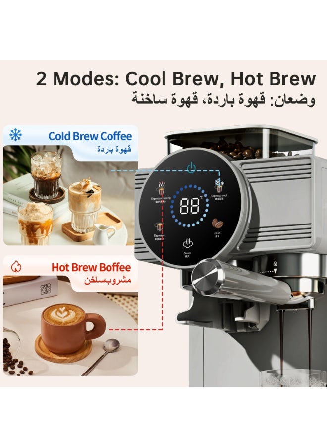 Kawu 20Bar Semi-Automatic Espresso Machine, Coffee Maker with Grinder, Includes Milk Frother/Milk Frothing Wand/Tamper, Cold Brew Function, Removable Water Tank - Image 2
