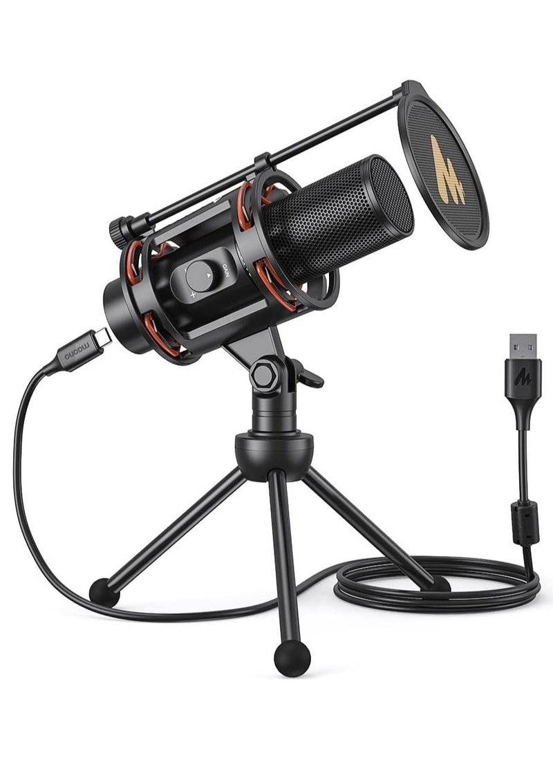 Maono - AU PM471TS Studio Bundle USB PC Microphone With Gain Knob and Zero Latency Monitoring for Gaming Streaming Podcasting YouTube Black - Image 1