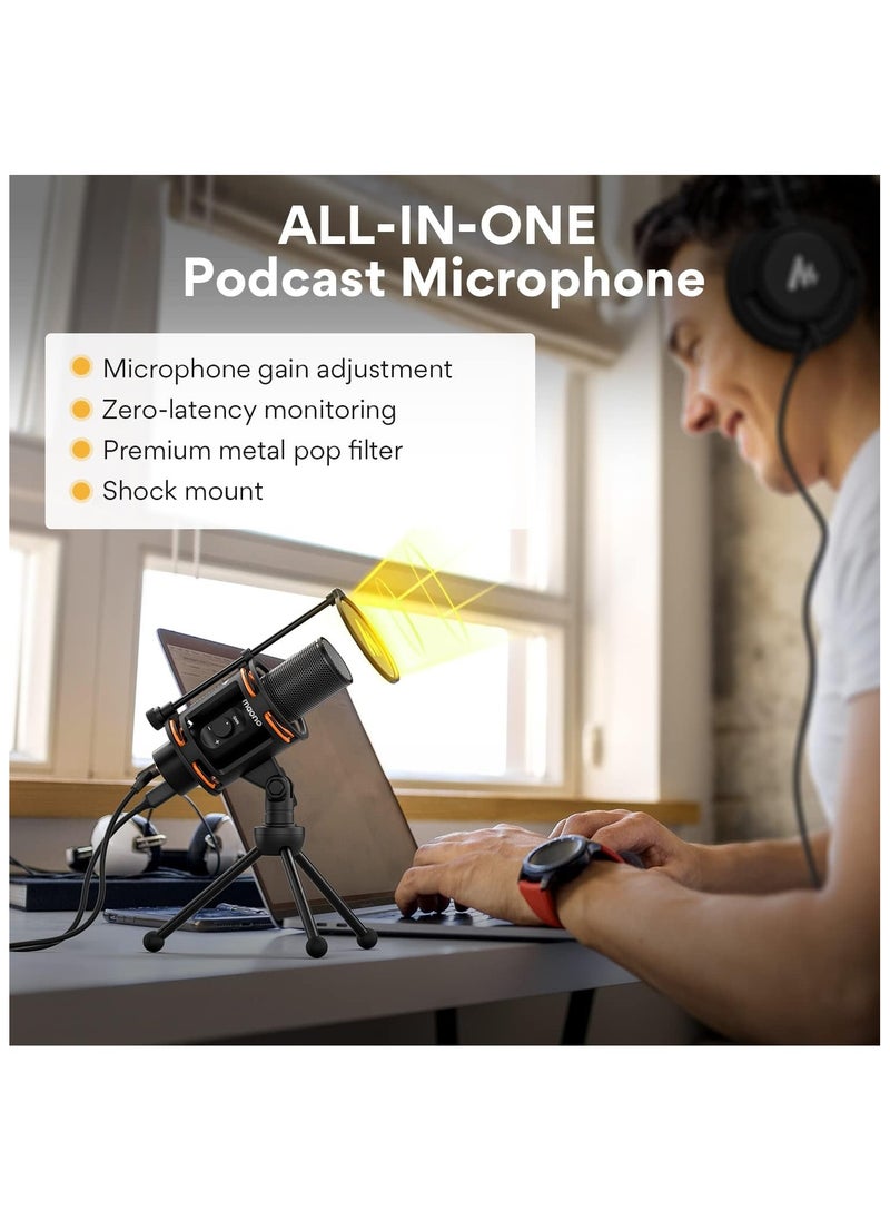 Maono - AU PM471TS Studio Bundle USB PC Microphone With Gain Knob and Zero Latency Monitoring for Gaming Streaming Podcasting YouTube Black - Image 1