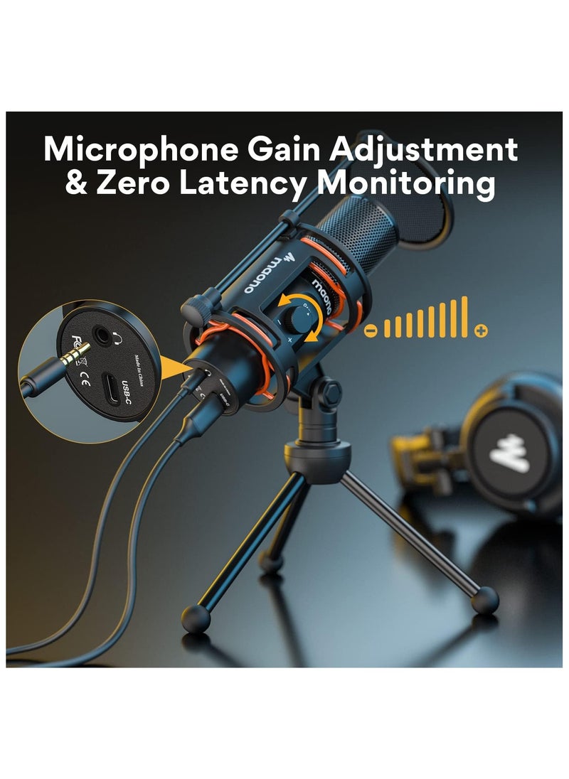 Maono - AU PM471TS Studio Bundle USB PC Microphone With Gain Knob and Zero Latency Monitoring for Gaming Streaming Podcasting YouTube Black - Image 1