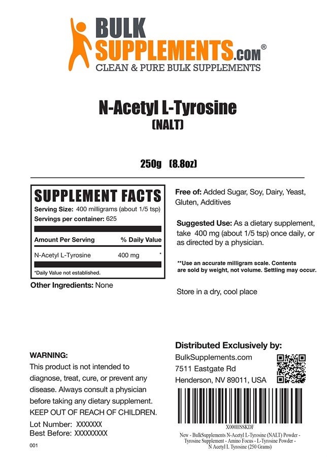 BULKSUPPLEMENTS.COM N-Acetyl L-Tyrosine Powder - L Tyrosine Supplement - Tyrosine Powder - NALT N-Acetyl-L-Tyrosine - Energy & Focus Supplement - 400mg per Serving (250 Grams - 8.8 oz) - Image 2