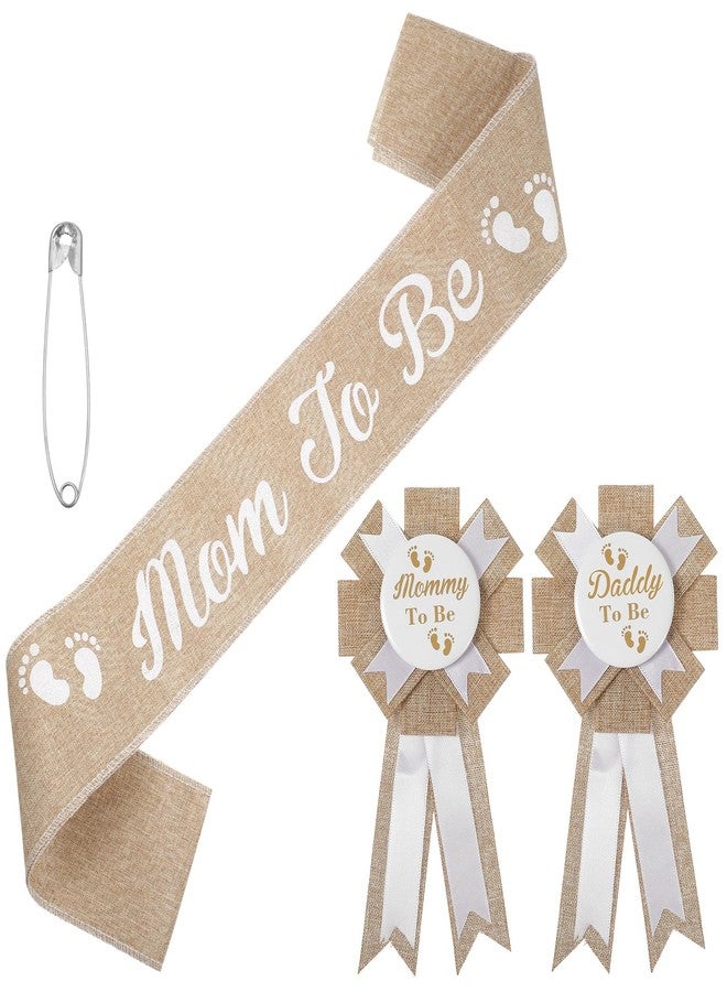 Wanmu 3Pcs Neutral Burlap Mom to Be Sash Dad to Be Pin for Gender Reveals Party Decor Rustic Boho Baby Shower Corsage Decorations Mommy to Be Sash for Pregnant Keepsake Gifts - Image 1