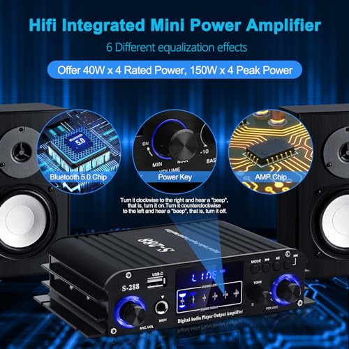 ARRAROWN Stereo Audio Amplifier for Home Speakers S288 Bluetooth 50 HiFi Mini Audio Component Amplifiers Receiver 40CH RMS 40Wx4 Max 600W Integrated Power Amp WUSBFMAdapter - Image 3
