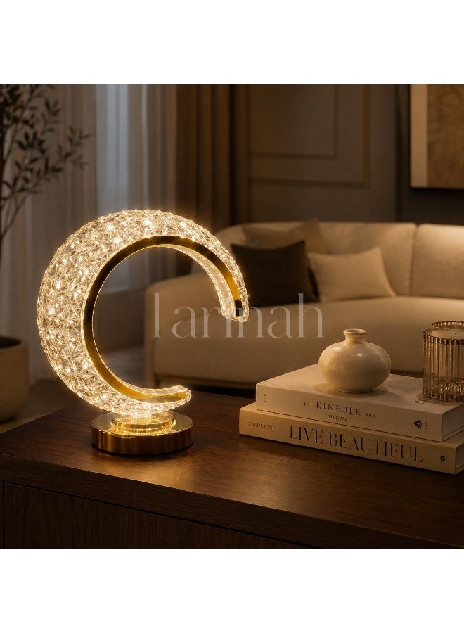 مصباح طاولة LED هلالي كريستالي فاخر، بقاعدة ذهبية، ارتفاع 25 سم - Image 4