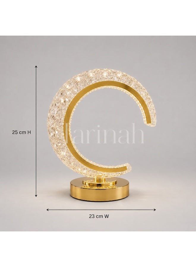 مصباح طاولة LED هلالي كريستالي فاخر، بقاعدة ذهبية، ارتفاع 25 سم - Image 3