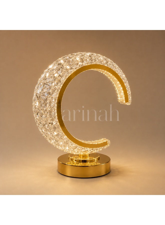 مصباح طاولة LED هلالي كريستالي فاخر، بقاعدة ذهبية، ارتفاع 25 سم - Image 2