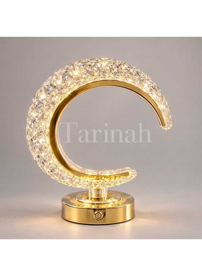 مصباح طاولة LED هلالي كريستالي فاخر، بقاعدة ذهبية، ارتفاع 25 سم - Image 1