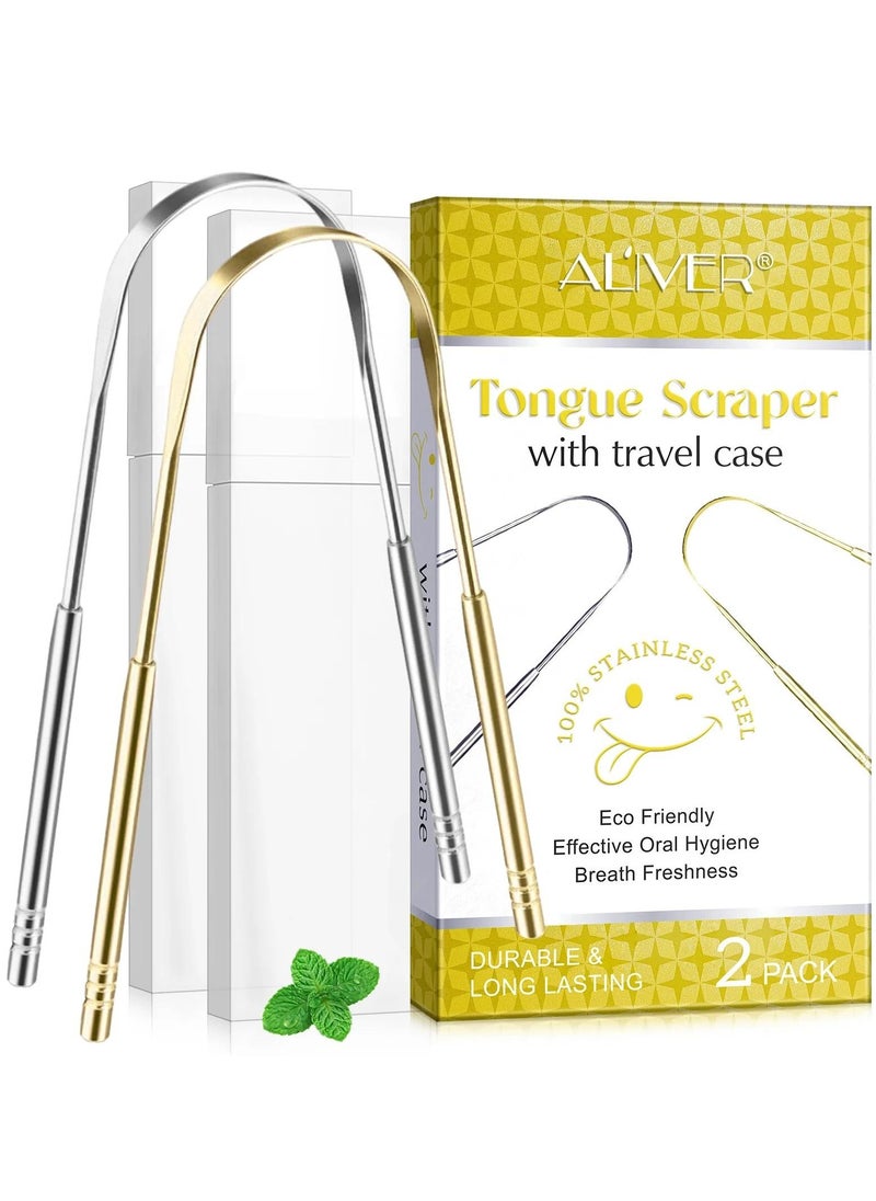 ALIVER 2pack Tongue Scraper Stainless Steel Tongue Cleaners with Travel Box Tongue Cleaner Tool for Oral Hygiene Fresh Breath Reduce Bad Breath Reusable Tongue Scrapers for Adults Silver and Gold  - Image 1