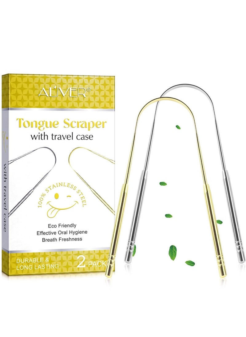 ALIVER 2pack Tongue Scraper Stainless Steel Tongue Cleaners with Travel Box Tongue Cleaner Tool for Oral Hygiene Fresh Breath Reduce Bad Breath Reusable Tongue Scrapers for Adults Silver and Gold  - Image 2