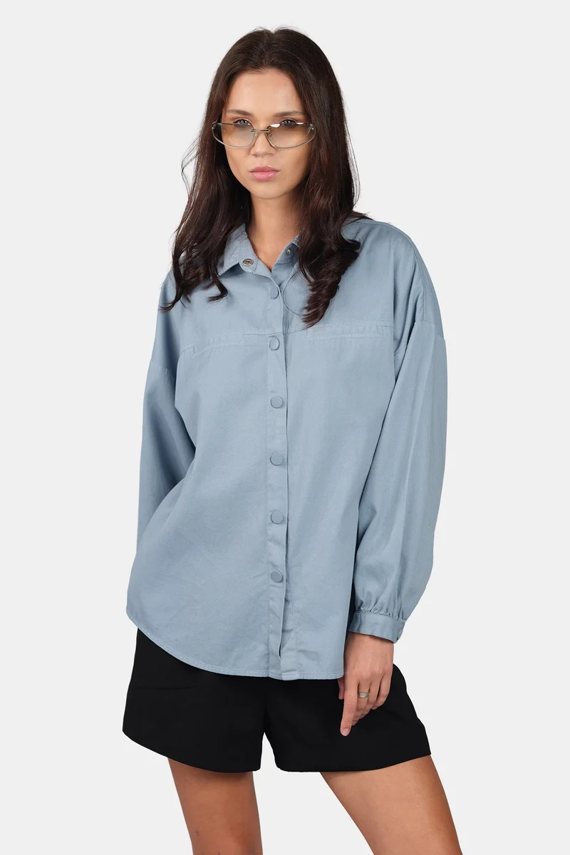 فيرجيو Solid Cotton Oversized Welt Pocket Shirt for Women