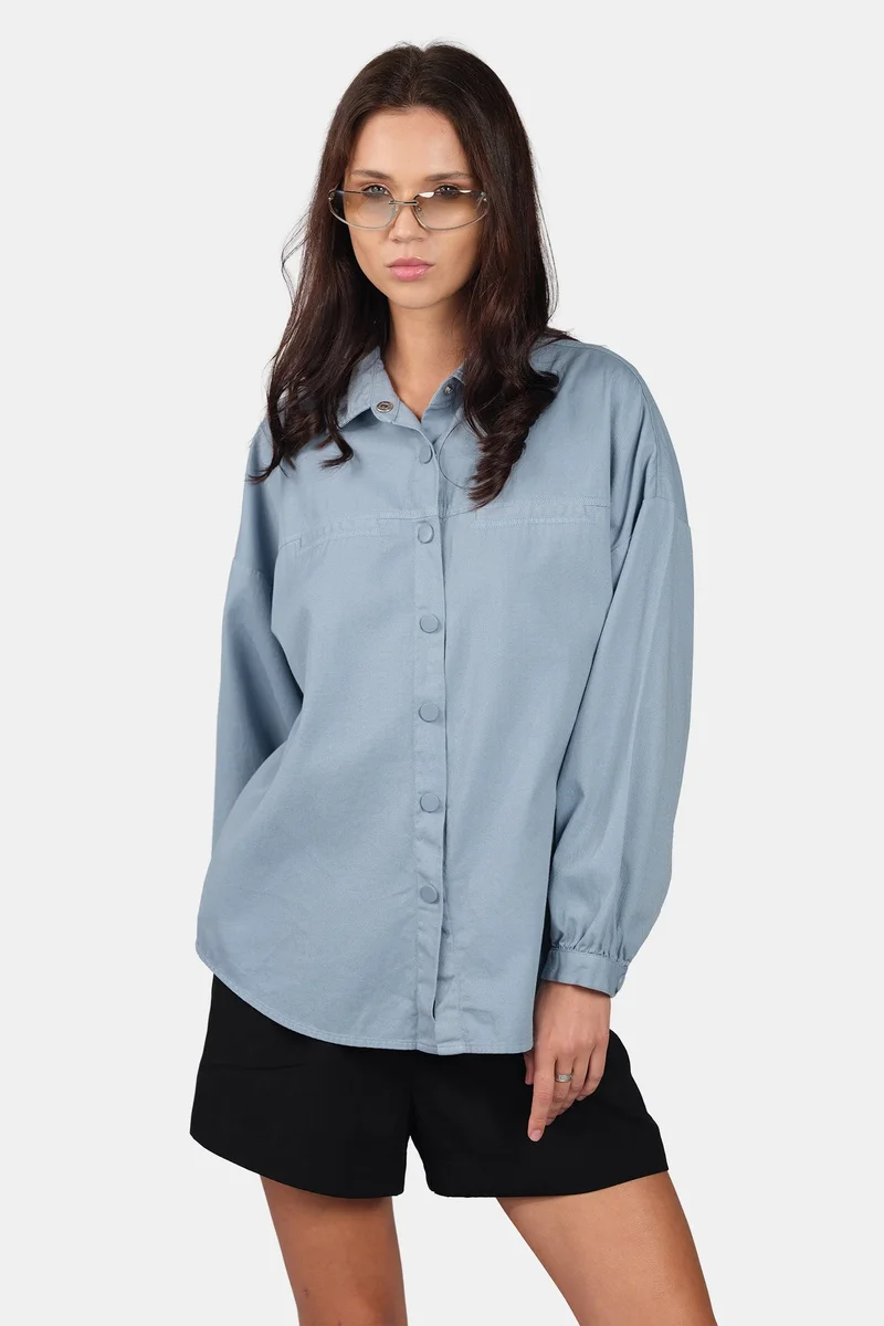 فيرجيو Solid Cotton Oversized Welt Pocket Shirt for Women
