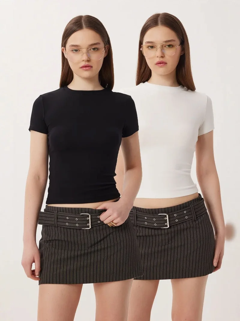 Happiness İstanbul ISTANBUL Slim Fit Crew Neck Crop 2-Pack T-Shirt