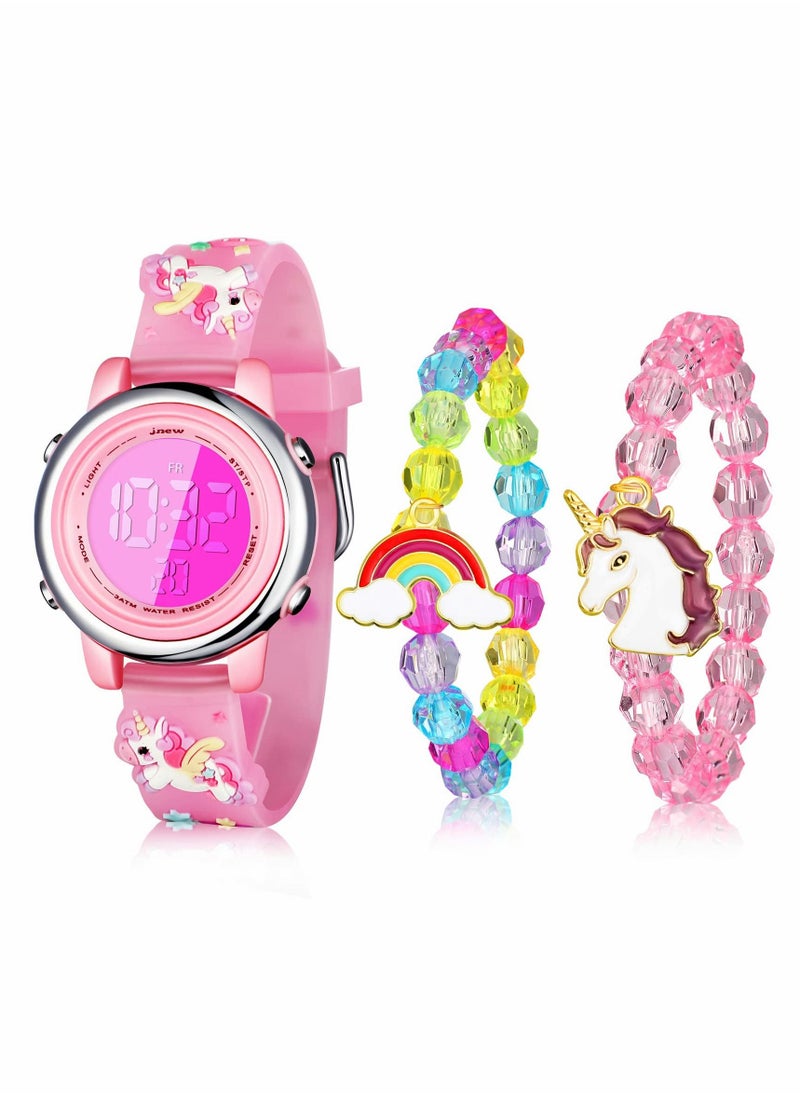 Generic - Kids Unicorn Watch and Unicorn Bracelet Kids Digital Watch 3D Waterproof Toddler 7 Color Lights Watch with Alarm Stopwatch Christmas Unicorns Kids Gifts for 3-10 Year Girls 3 Pieces - Image 1