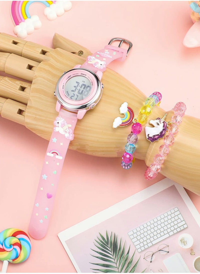 Generic - Kids Unicorn Watch and Unicorn Bracelet Kids Digital Watch 3D Waterproof Toddler 7 Color Lights Watch with Alarm Stopwatch Christmas Unicorns Kids Gifts for 3-10 Year Girls 3 Pieces - Image 1