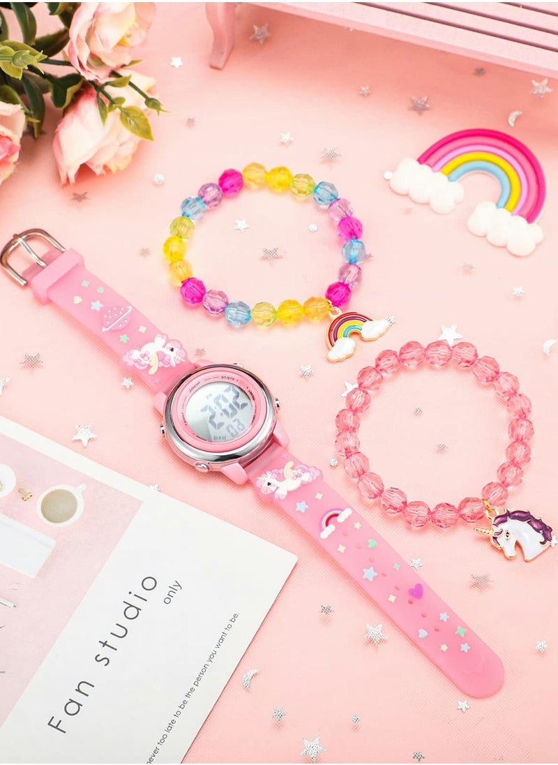 Generic - Kids Unicorn Watch and Unicorn Bracelet Kids Digital Watch 3D Waterproof Toddler 7 Color Lights Watch with Alarm Stopwatch Christmas Unicorns Kids Gifts for 3-10 Year Girls 3 Pieces - Image 1