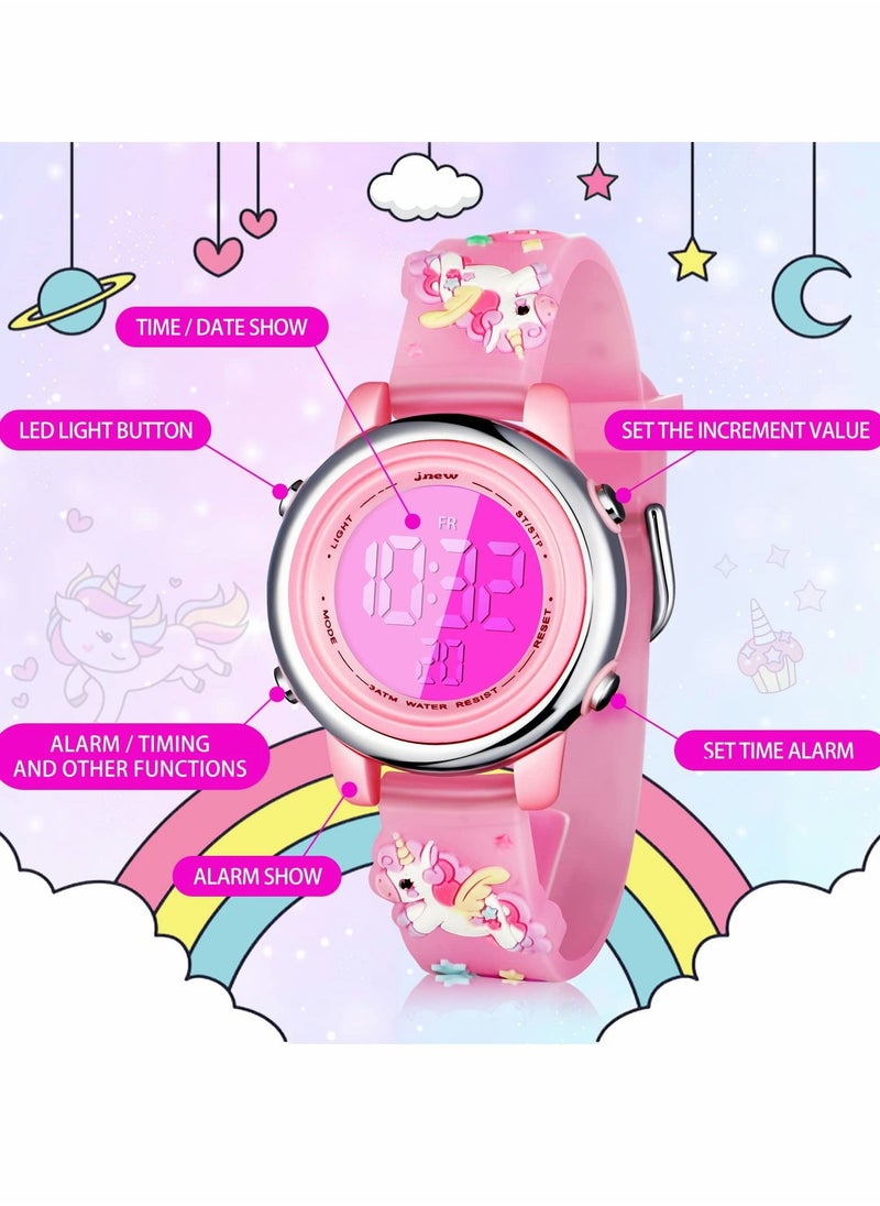 Generic - Kids Unicorn Watch and Unicorn Bracelet Kids Digital Watch 3D Waterproof Toddler 7 Color Lights Watch with Alarm Stopwatch Christmas Unicorns Kids Gifts for 3-10 Year Girls 3 Pieces - Image 1