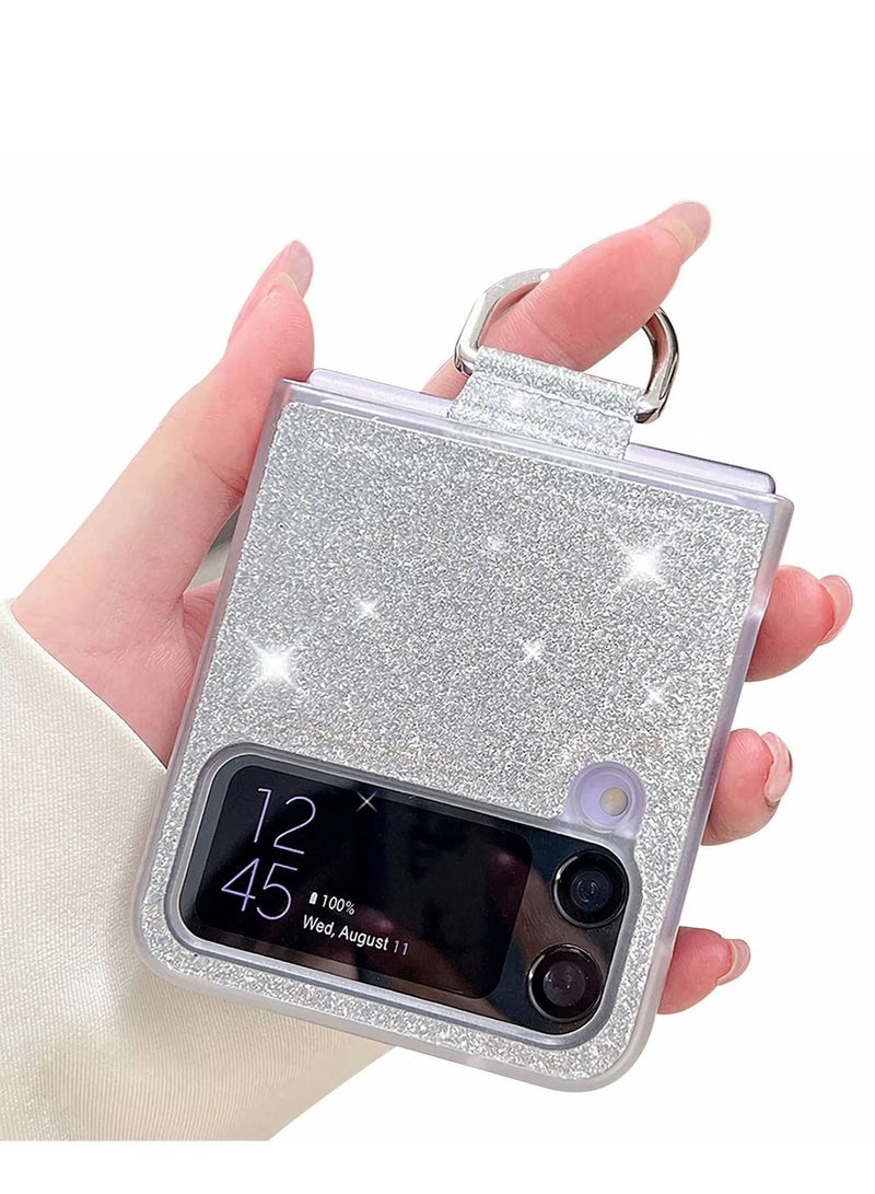 Captaintech for Galaxy Z Flip 4 5G Case with Ring, Glitter Crystal Bling Sparkly Leather with Slim Fit Hard PC Bumper Protective Cases Cover for Samsung Galaxy Z Flip4 (Silver) - Image 1
