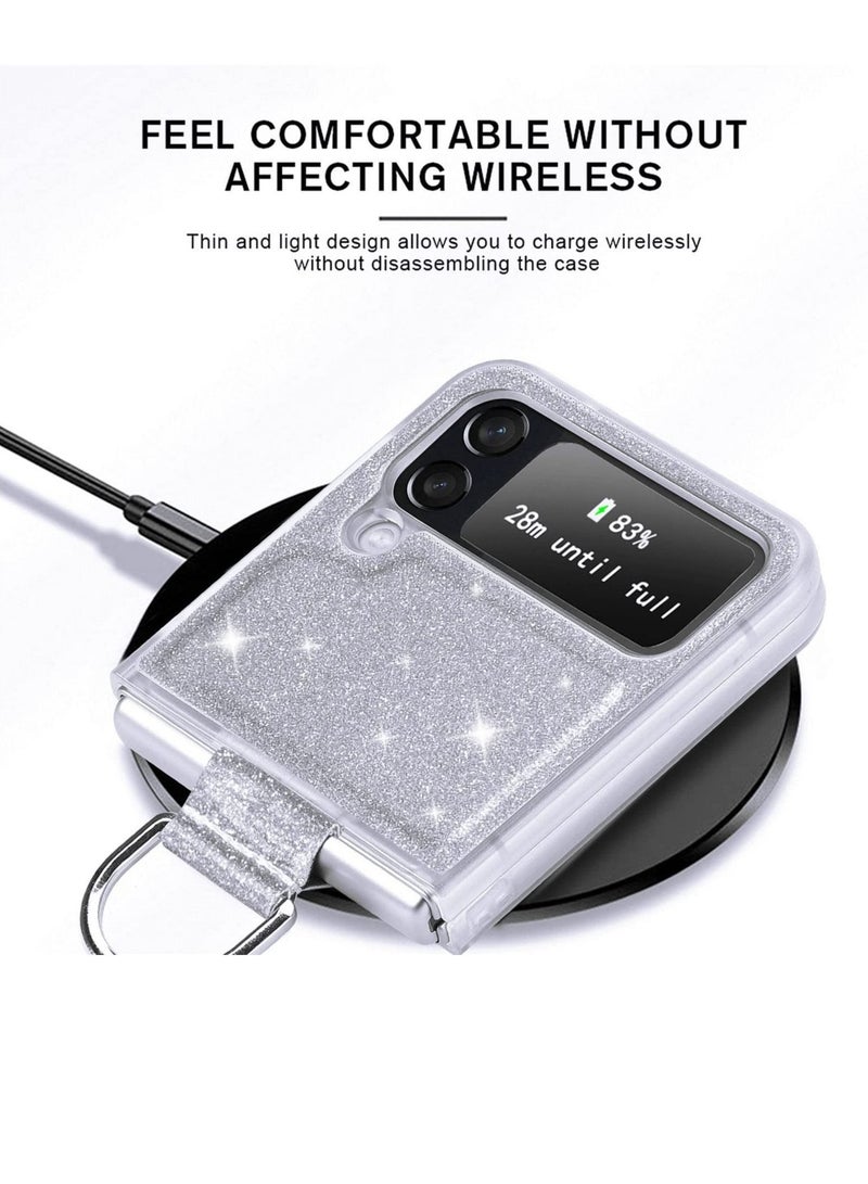 Captaintech for Galaxy Z Flip 4 5G Case with Ring, Glitter Crystal Bling Sparkly Leather with Slim Fit Hard PC Bumper Protective Cases Cover for Samsung Galaxy Z Flip4 (Silver) - Image 5