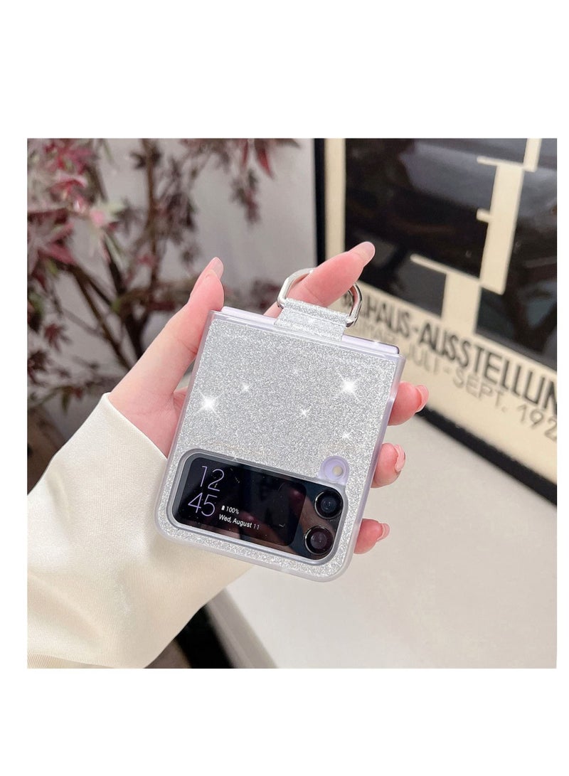 Captaintech for Galaxy Z Flip 4 5G Case with Ring, Glitter Crystal Bling Sparkly Leather with Slim Fit Hard PC Bumper Protective Cases Cover for Samsung Galaxy Z Flip4 (Silver) - Image 3