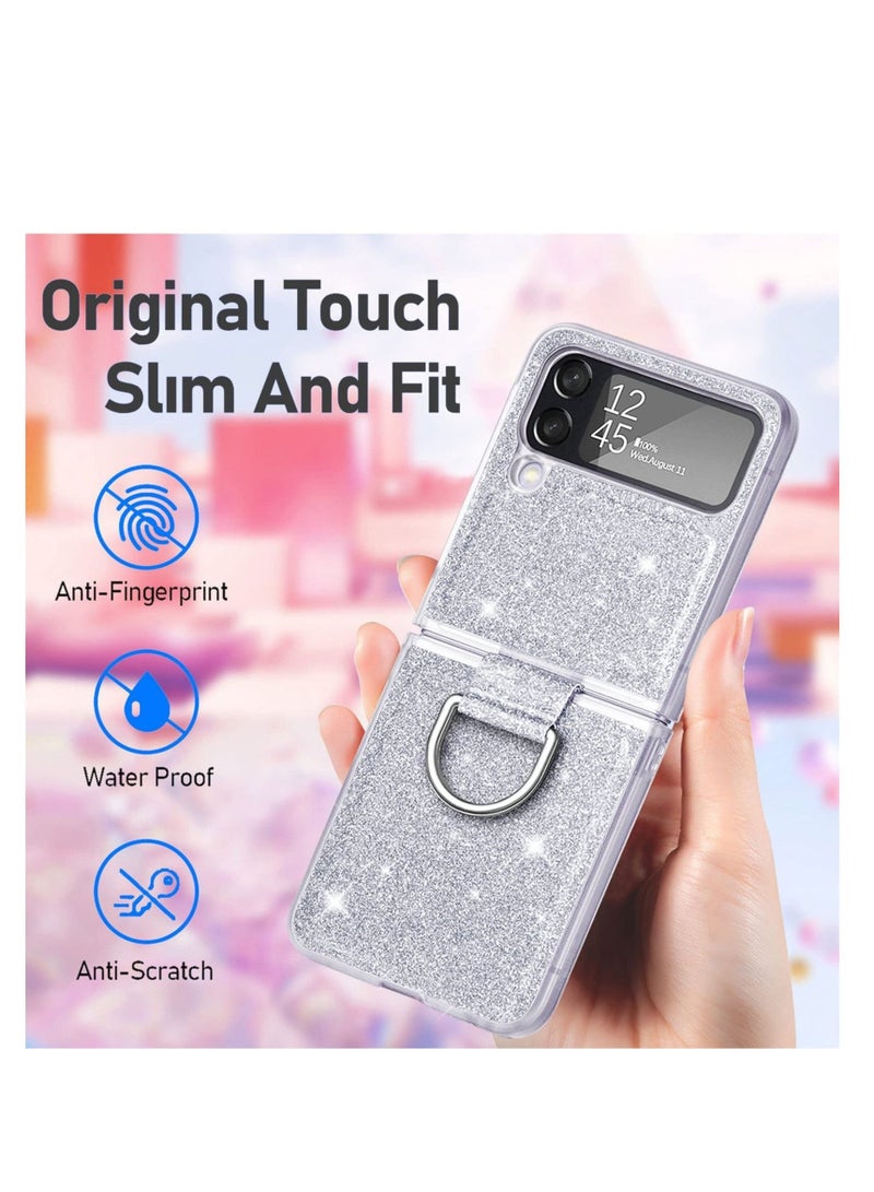 Captaintech for Galaxy Z Flip 4 5G Case with Ring, Glitter Crystal Bling Sparkly Leather with Slim Fit Hard PC Bumper Protective Cases Cover for Samsung Galaxy Z Flip4 (Silver) - Image 2