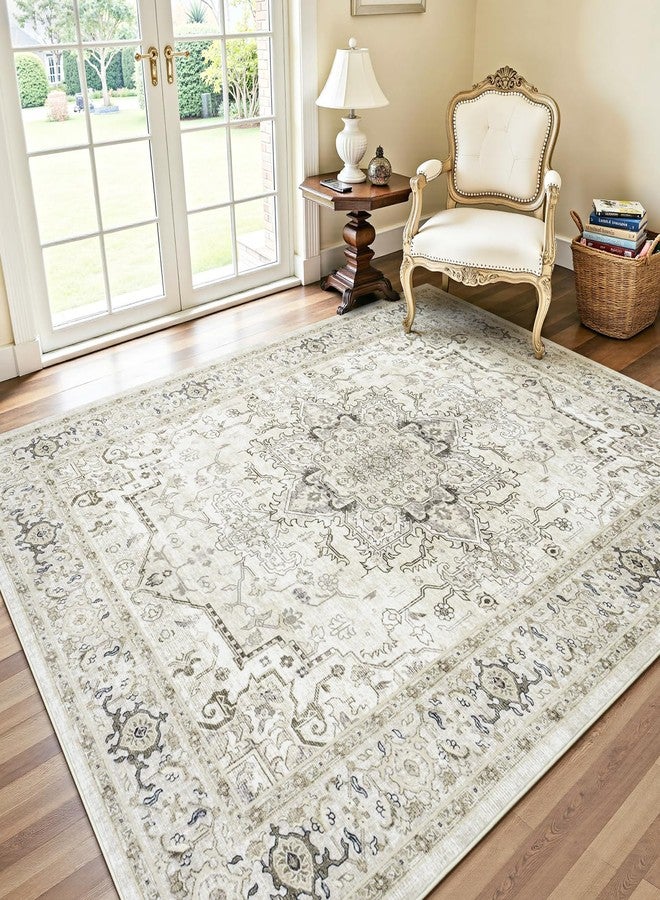 Lofus 5x7 Area Rugs for Living Room, Washable Area Rug, Rugs for Bedroom, Kitchen, Vintage Boho Carpet, Soft Non-Slip, Low Pile Large Area Rug for Office Dining Room, Beige and Brown - Image 1