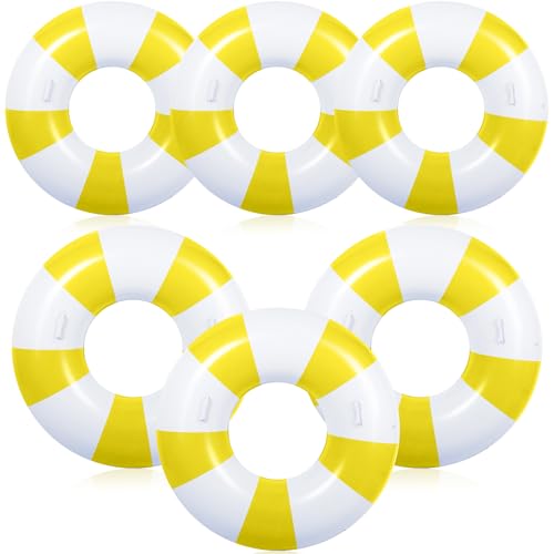 WinnerWhy 6 Pcs Large Swim Ring with Handles 4724 Inch 3543 Inch Inflatable Striped Pool Inner Tubes Swimming Pool Ring Float for Teens Adults Summer Beach Party SuppliesYellow White - Image 1