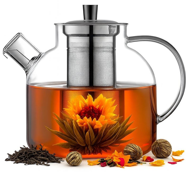 AMROAH 1500ml (52oz) Large Round Glass Teapot with Removable Stainless Steel Infuser Strainer, Borosilicate Heat Resistant Stovetop Safe Glass Tea Kettle Blooming & Loose Leaf Tea Maker - Image 1