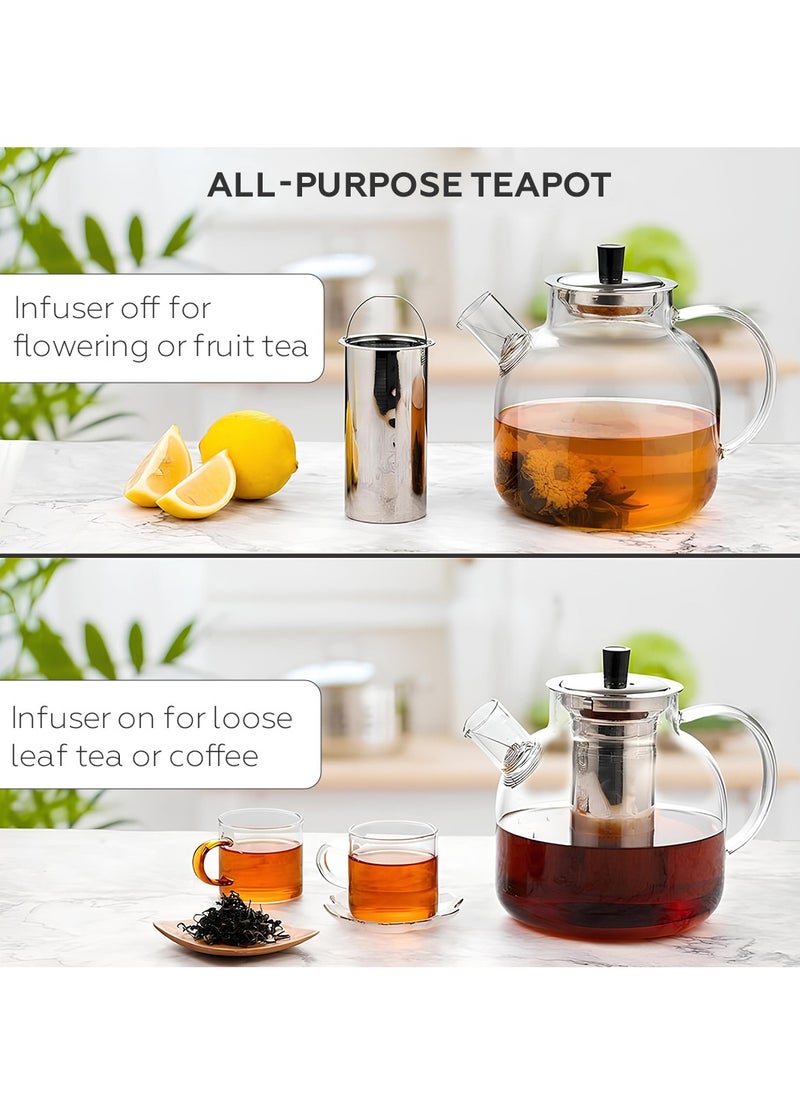 AMROAH - 1500ml (52oz) Large Round Glass Teapot with Removable Stainless Steel Infuser Strainer, Borosilicate Heat Resistant Stovetop Safe Glass Tea Kettle Blooming & Loose Leaf Tea Maker - Image 1