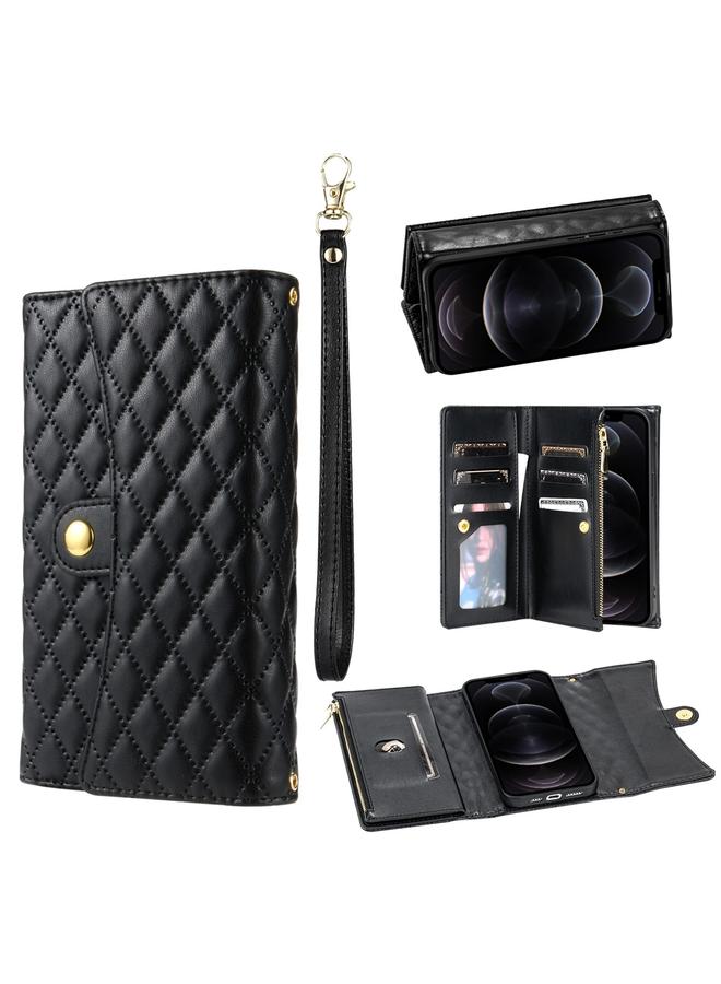 اس-توب جراب هاتف iPhone 12 / 12 Pro بسحاب ومحفظة متعددة البطاقات من الجلد المعيني - Image 1